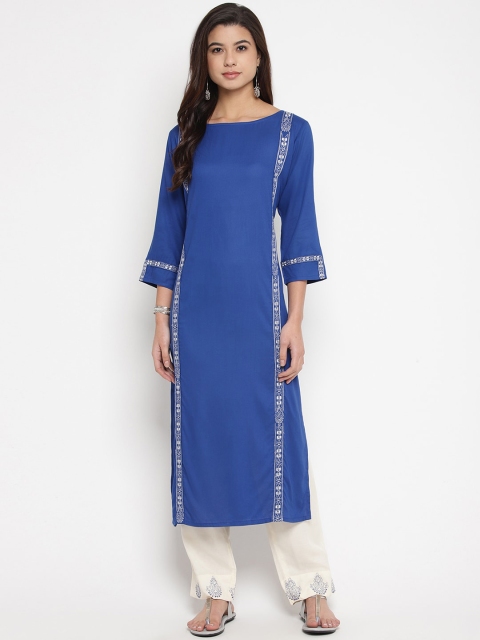 Prakhya Women Blue & White Solid Kurta with Palazzos