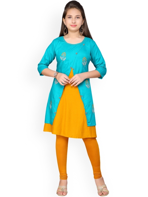 Aarika Girls Turquoise Blue & Mustard Yellow Embroidered Pure Cotton Kurta with Churidar
Aarika Girls Turquoise Blue & Mustard Yellow Embroidered Pure Cotton Kurta with Churidar