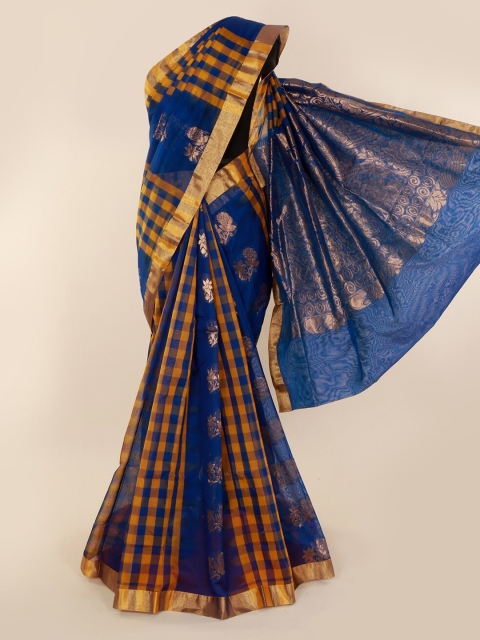 Pothys Blue & Yellow Silk Cotton Checked Saree