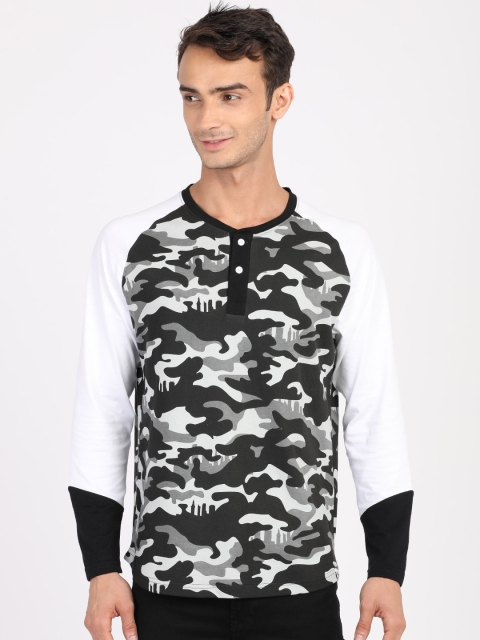 ANTHEM Men Black & White Printed Henley Neck T-shirt