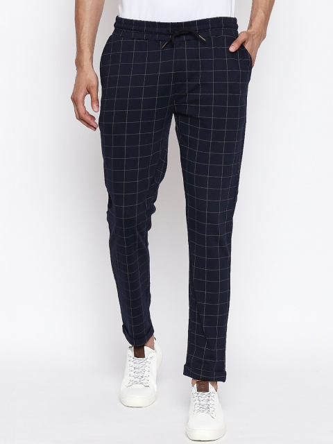 People Men Navy Blue Slim Fit Checked Cotton Regular Trousers
