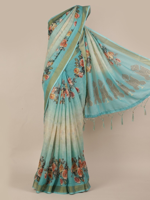 Pothys Blue & Orange Linen Blend Printed Saree