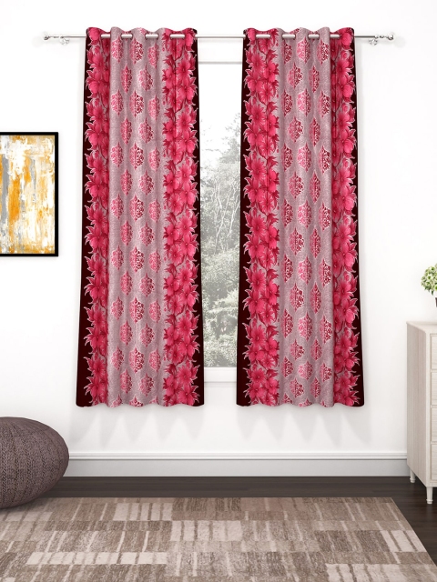 Bedspun Set Of 2 Pink Floral Printed Polyetser Eyelet Ringtop Window Curtains