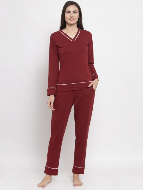 Boston Club Women Maroon Solid Night Suit