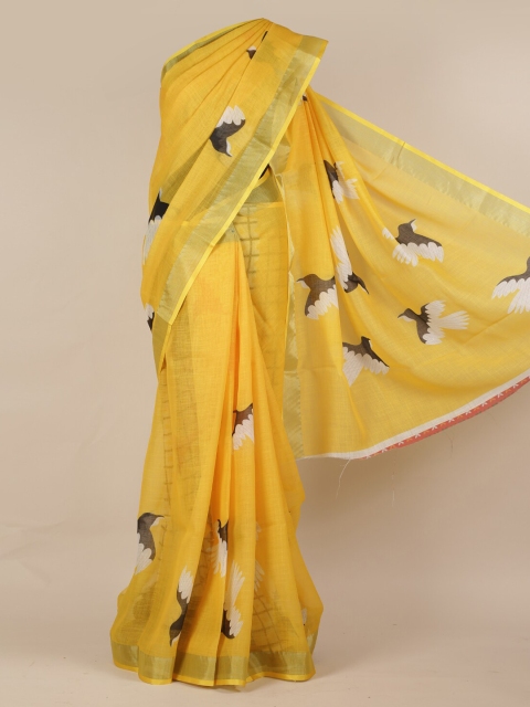Pothys Yellow Printed Linen Blend Saree