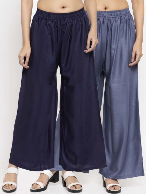 NEUDIS Women Pack Of 2 Solid Flared Palazzos, Navy blue