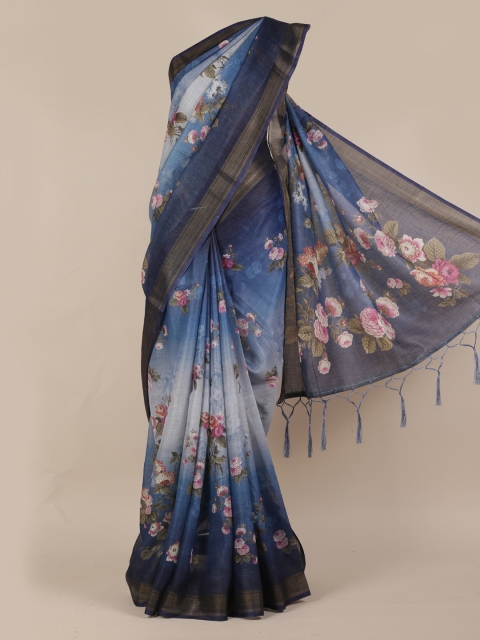 Pothys Navy Blue Printed Linen Blend Saree