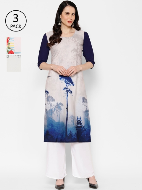 7Threads Women Pack Of 3 Printed Straight Kurtas, Grey