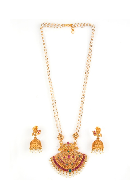 Alankruthi Gold-Plated Pink & Green Stone Studded Multi-Stranded Pendant With Earring
Alankruthi Gold-Plated Pink & Green Stone Studded Multi-Stranded Pendant With Earring