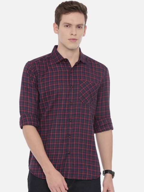 William White Men Red & Blue Slim Fit Checked Casual Shirt