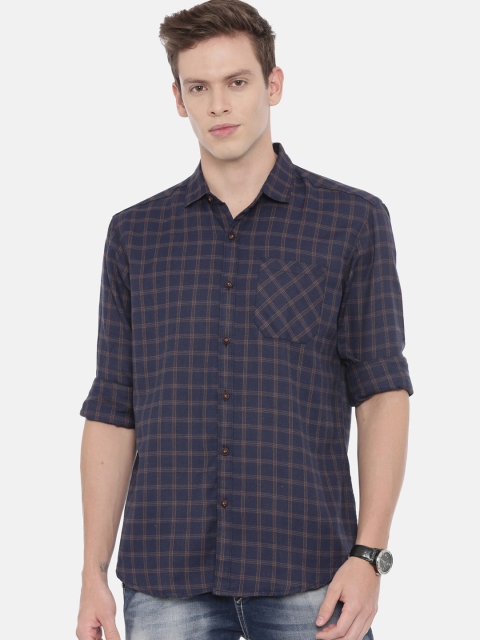 William White Men Navy Blue Slim Fit Checked Casual Shirt