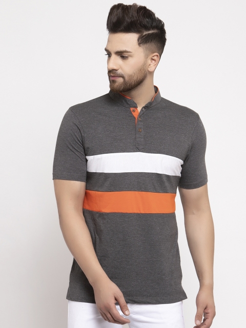 Kalt Men Grey Striped Mandarin Collar T-shirt