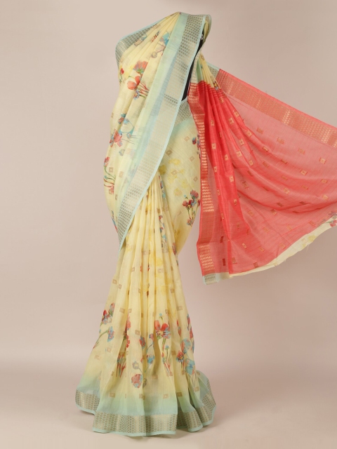 Pothys Yellow Printed Jute Silk Saree