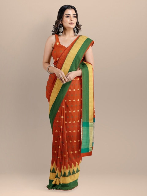 BharatSthali Orange & Green Silk Cotton woven Design Banarasi Saree