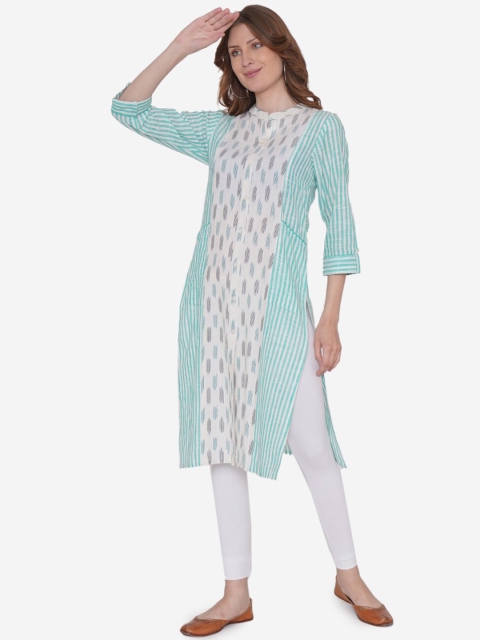Vedic Women Sea Green & White Striped Straight Kurta