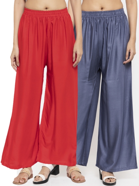 NEUDIS Women Pack Of 2 Solid Flared Palazzos, Red