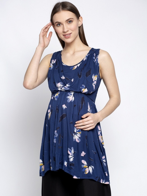 Tiara Women Blue Floral Printed Maternity High-Low Top