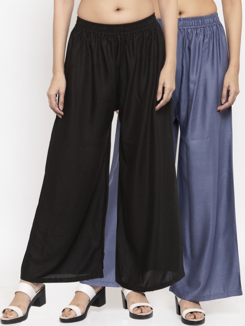 NEUDIS Women Pack Of 2 Solid Flared Palazzos, Black