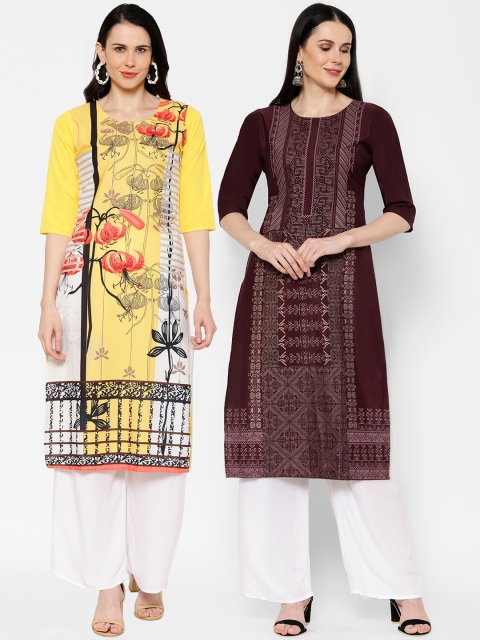 7Threads Women Multicoloured & Yellow Printed Straight Kurta Pack of 2, Multi