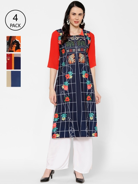 7Threads Women Pack Of 4 Multicoloured Checked A-Line Kurtas, Multi