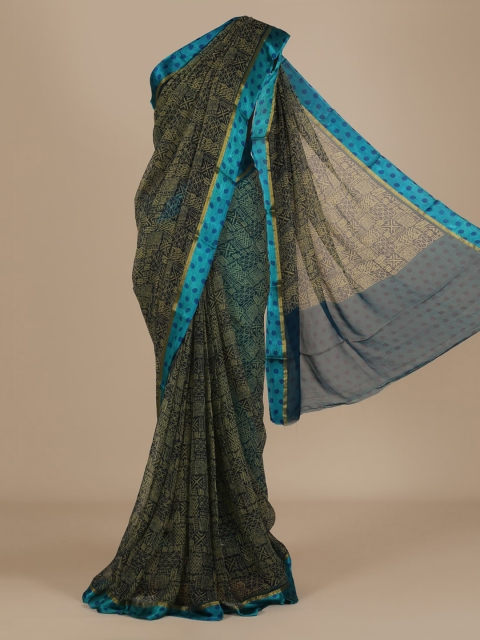 Pothys Blue & Cream-Coloured Poly Chiffon Printed Saree