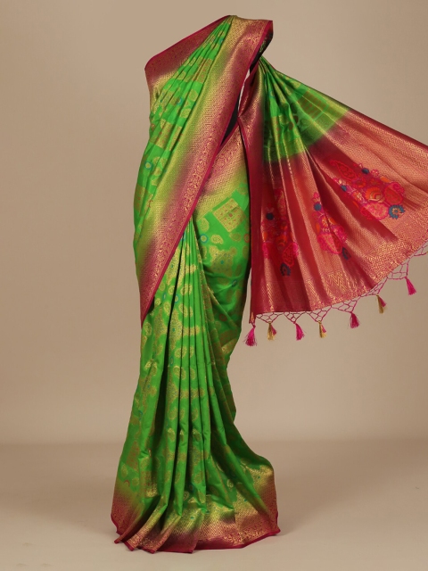 Pothys Green & Gold-Toned Jute Silk Woven Design Saree