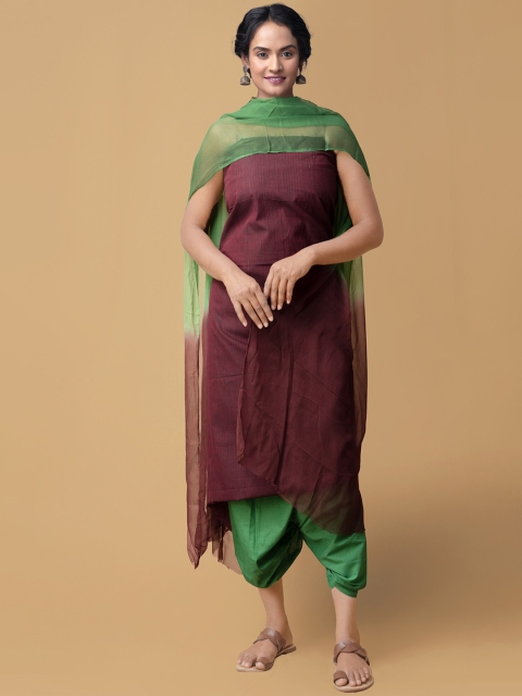 Unnati Silks Women Brown & Green Solid Unstitched Dress Material