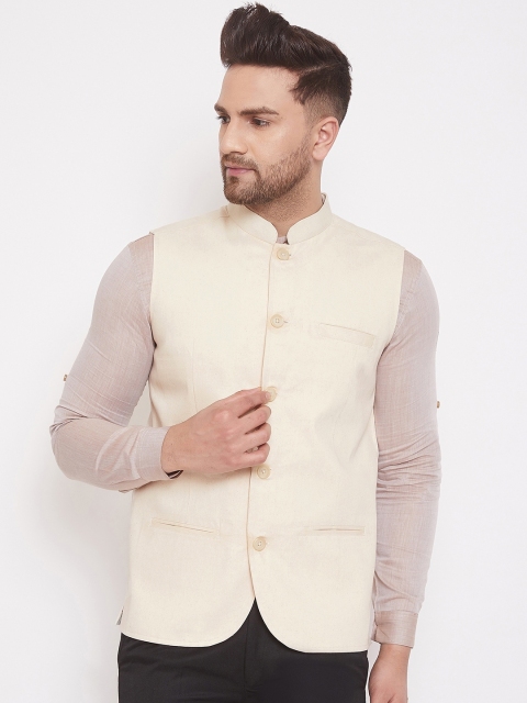 even Men Off White Solid Woven Nehru Jacket