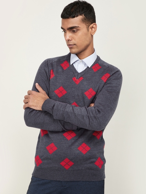 CODE by Lifestyle Men Grey & Red Printed Pullover Sweater