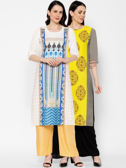 7Threads Women Pack Of 2 Printed Straight Kurtas, Yellow