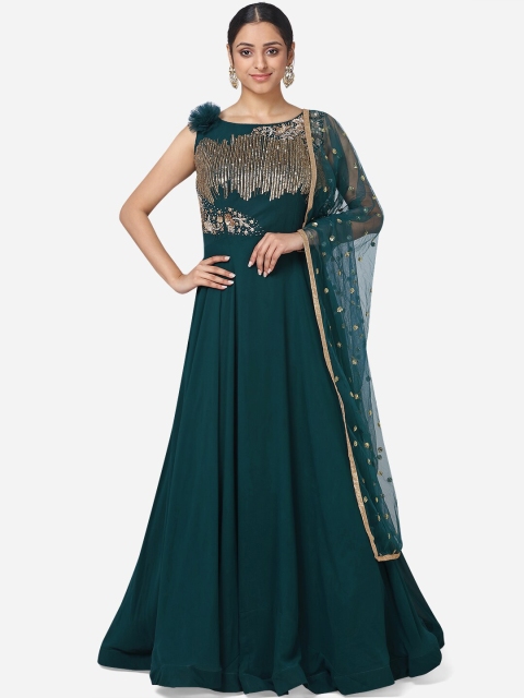 BOMBAY SELECTIONS Women Green Embellished A-Line Dress with Dupatta