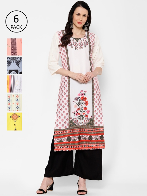 7Threads Women Pack Of 6 Printed Straight Kurtas, White