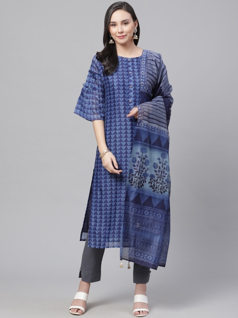 Chhabra 555 Women Navy Blue & Grey Printed Kurta with Trousers & Dupatta