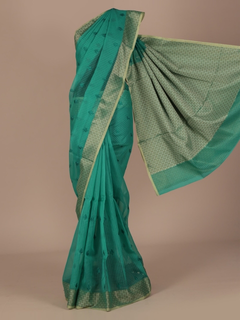 Pothys Green Checked Cotton Blend Saree