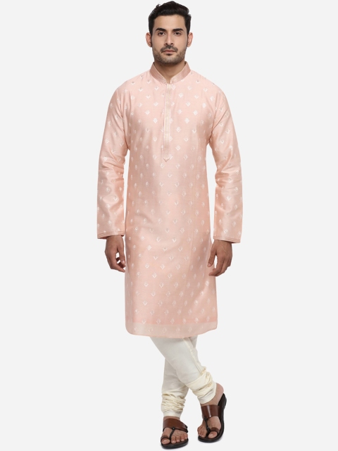 azania Men Peach-Coloured & White Embroidered Kurta with Churidar