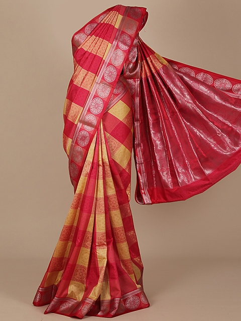 Pothys Pink & Yellow Art Silk Checked Saree