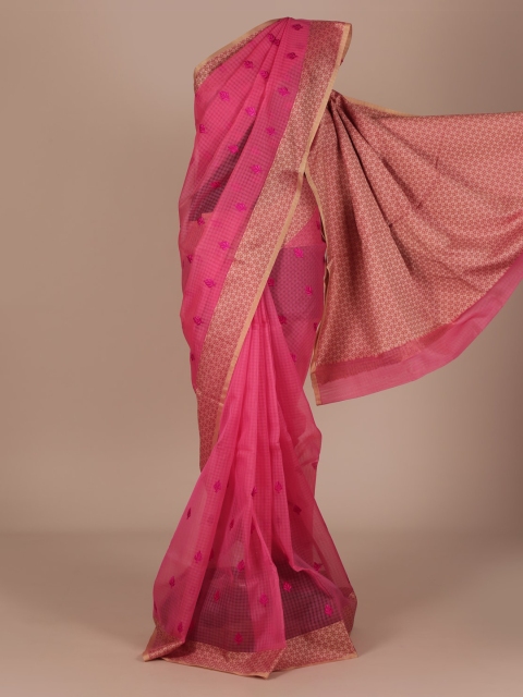 Pothys Pink Checked Cotton Blend Saree