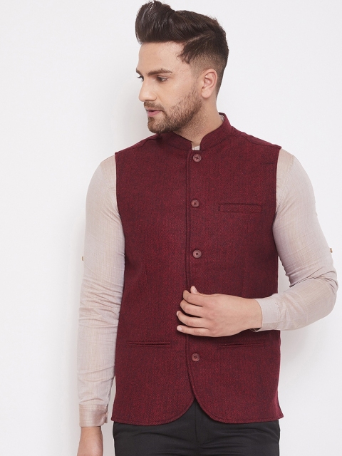 even Men Maroon Woven-Design Pure Wool Nehru Jacket
