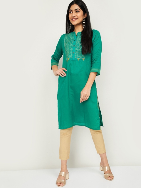 Melange by Lifestyle Women Green Embroidered Straight Kurta