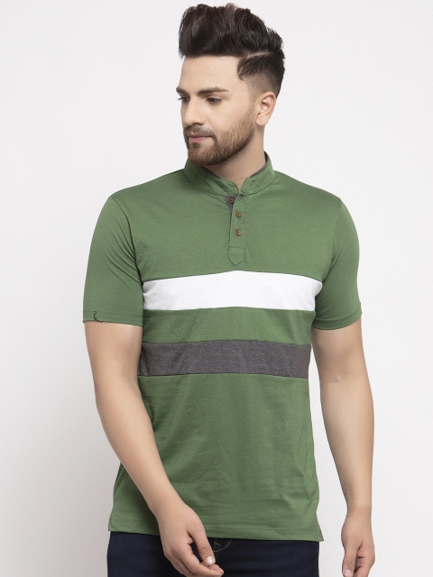 Kalt Men Green Striped Mandarin Collar T-shirt