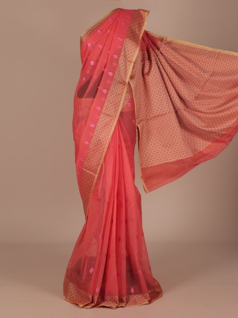 Pothys Peach-Coloured Checked Manipuri Cotton Blend Saree with Embroidered Ornamentation