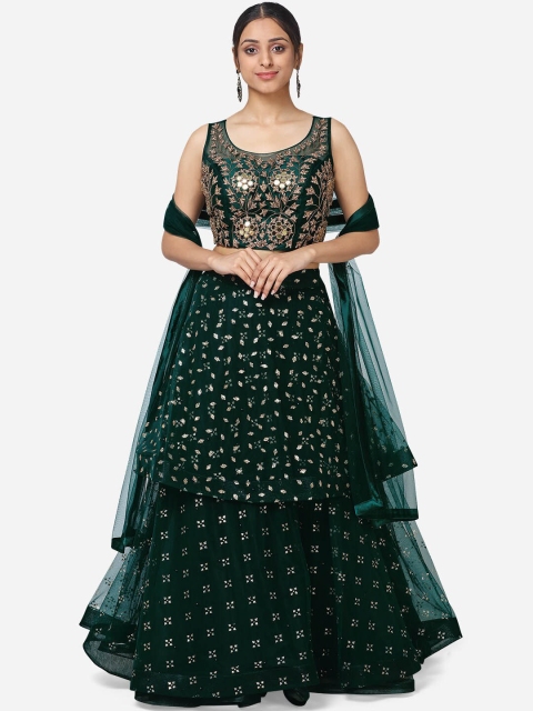 BOMBAY SELECTIONS Women Green & Gold-Toned Shimmer Embellished Ready To Wear Net Lehenga Choli with Dupatta
BOMBAY SELECTIONS Women Green & Gold-Toned Shimmer Embellished Ready To Wear Net Lehenga Choli with Dupatta