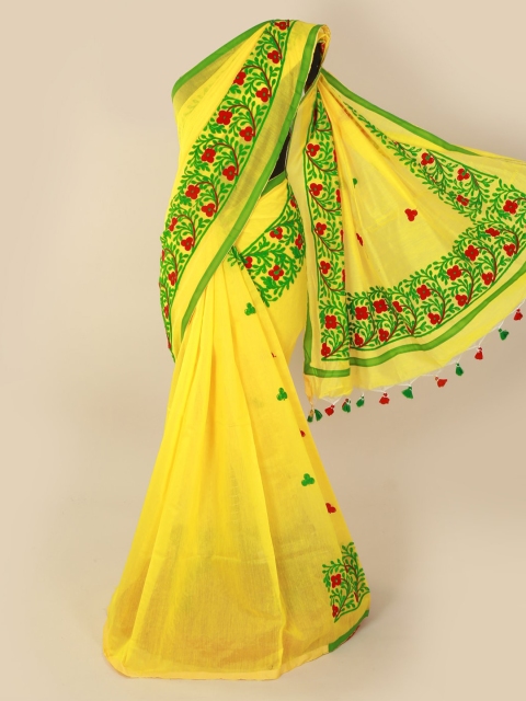 Pothys Yellow & Green Cotton Blend Printed Saree