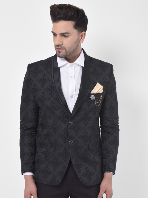 LUXURAZI Men Black Woven-Design Tailored-Fit Tuxedo Blazer