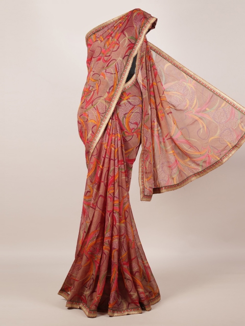 Pothys Rust & Purple Poly Georgette Floral Printed Saree