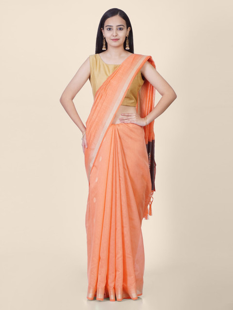 Hastakala Peach-Coloured Pure Linen Solid Khadi Handloom Saree with Jhalar Pallu 
Hastakala Peach-Coloured Pure Linen Solid Khadi Handloom Saree with Jhalar Pallu