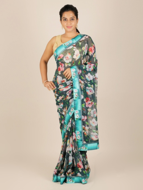 Pothys Sea Green Floral Printed Poly Chiffon Saree