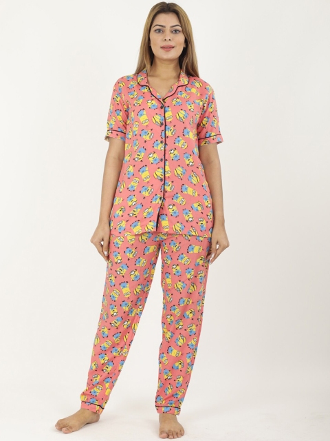 NEUDIS Women Peach-Colored & Yellow Printed Night Suit