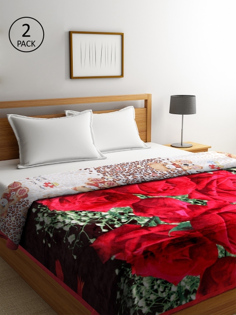 KLOTTHE Red & Black Set of 2 Floral Mild Winter 800 GSM Double Bed Blankets