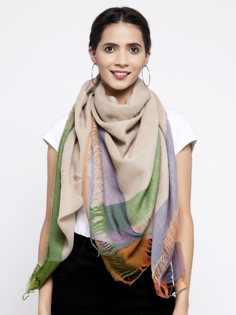 Calvadoss Women Beige & Green Printed Square-Fit Sustainable Woolen Muffler
